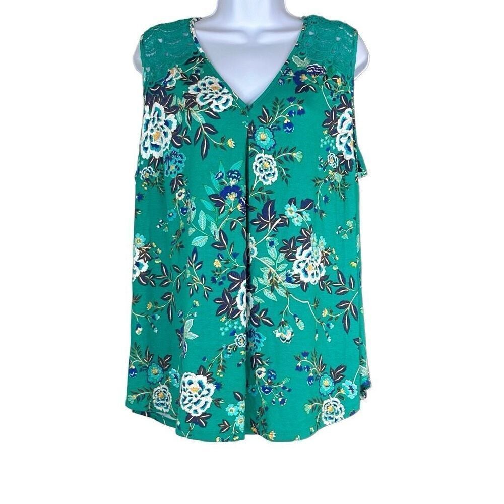 Daniel Rainn 2X Plus Sleeveless Blouse Green‎ Floral Lace Accents Cutout NWOT